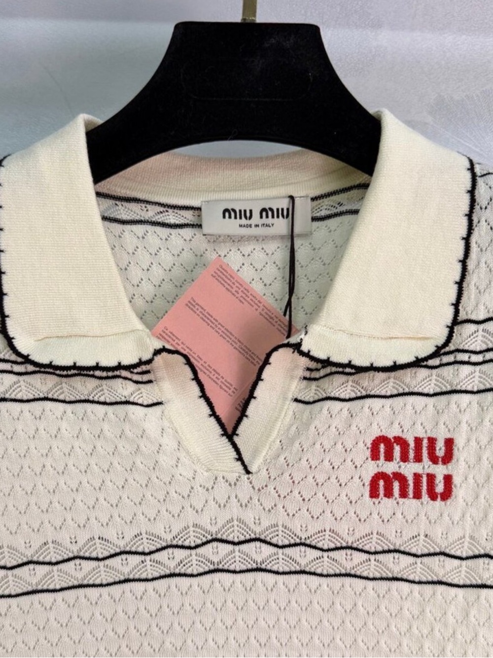 Miu Miu Cream Short Sleeve Knit Polo with Black Trim and Red Logo - Picture 6 of 6